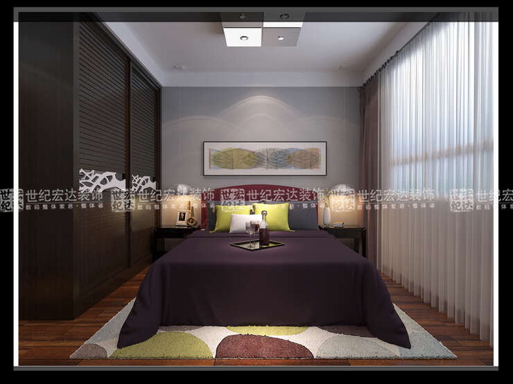 臥室的配色來源于葡萄的設計靈感，葡萄色，沉穩又不失浪漫，高雅有情調，設計師以葡萄為靈感，作為主臥室的主題色，灰色的床頭背景墻與客廳的設計又遙相呼應，床頭兩邊的吊燈更方便日常的使用。